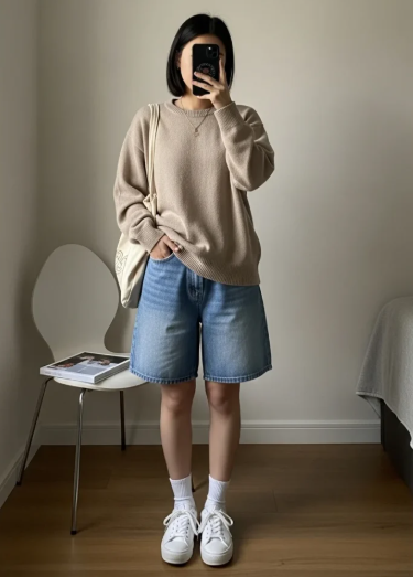 Crewneck Sweater with Shorts and White Sneakers