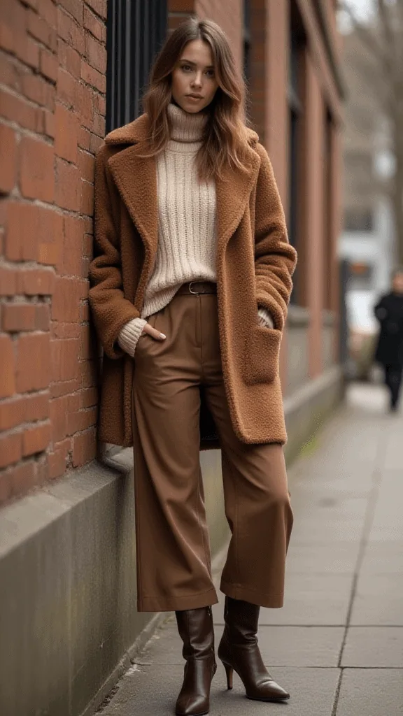 Shearling Jacket and Wide-Leg Pants
