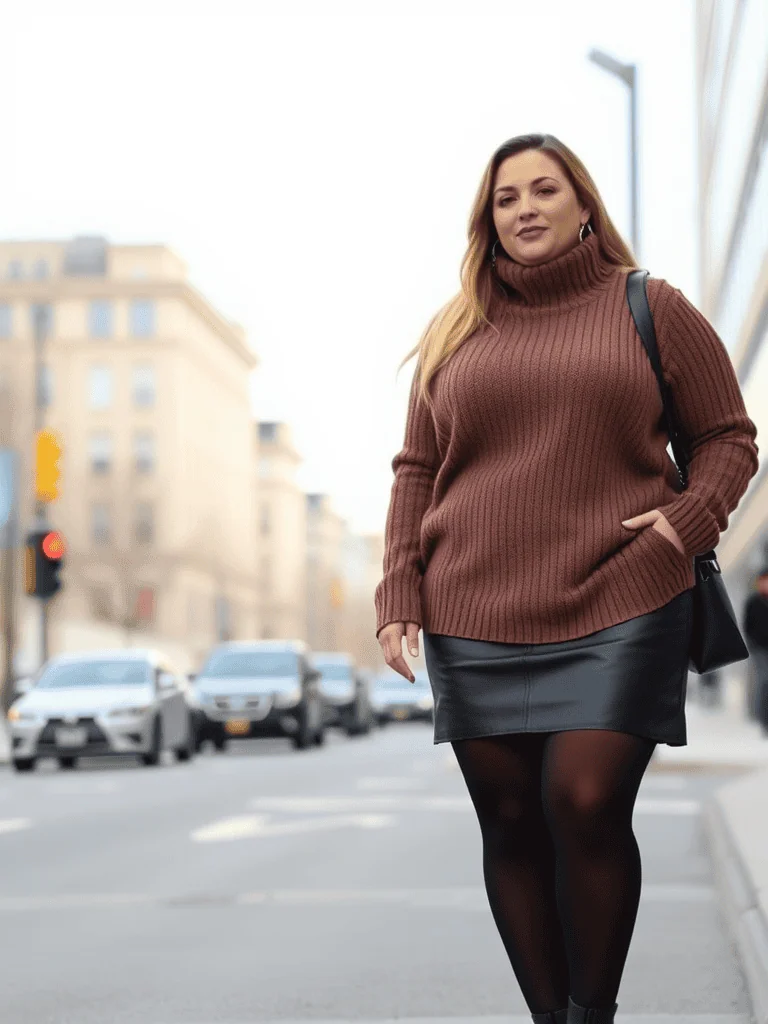 Turtleneck Sweater and Leather Skirt
