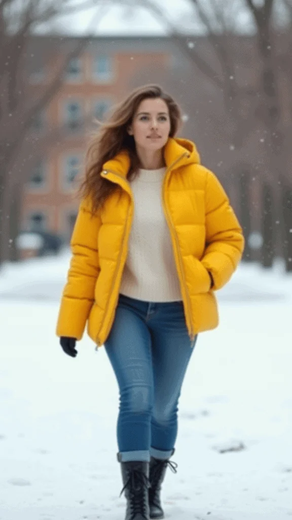Colorful Puffer Jacket and Jeans
