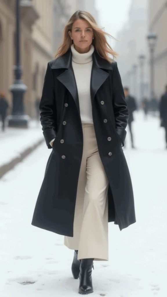 Leather Trench Coat and Wide-Leg Trousers
