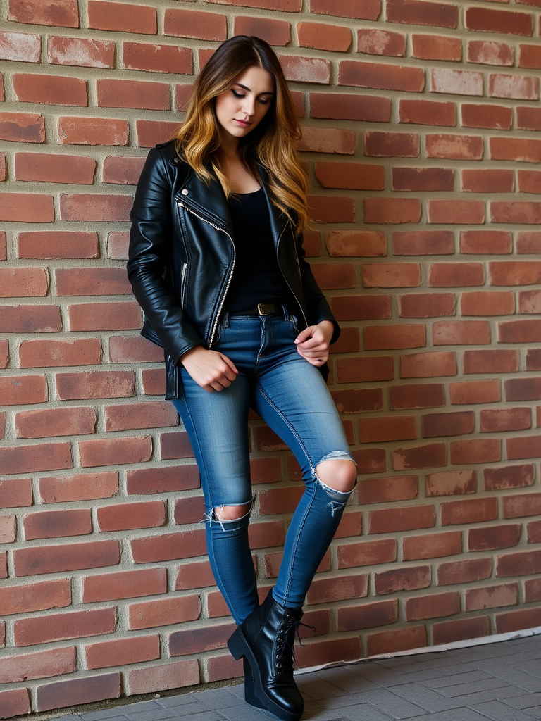 Leather Jacket and Combat Boots
