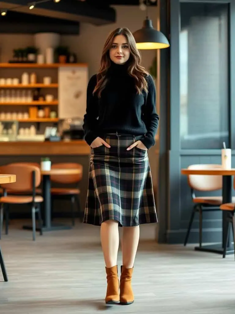 Turtleneck Sweater and Plaid Skirt
