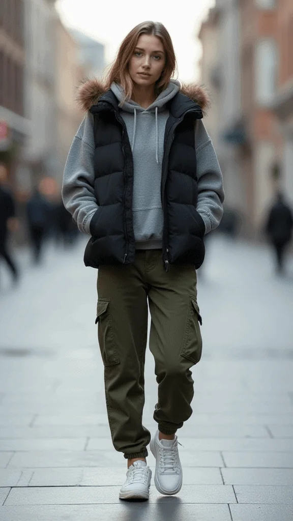 Puffer Vest Over Hoodie and Cargo Pants
