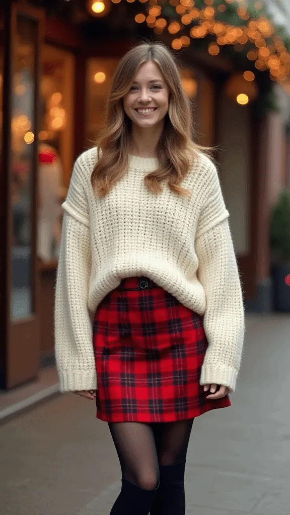 Plaid Mini Skirt and Chunky Knit Sweater
