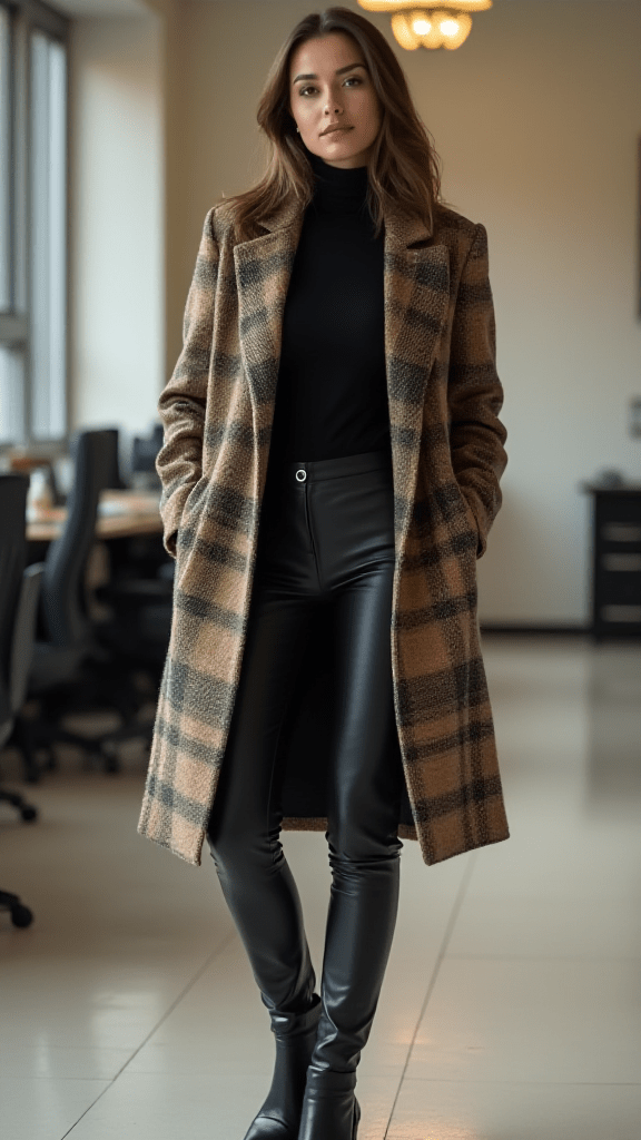 Plaid Blazer and Leather Pants
