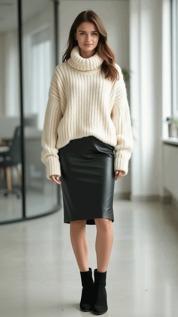 Chunky Sweater and Leather Skirt Combo
