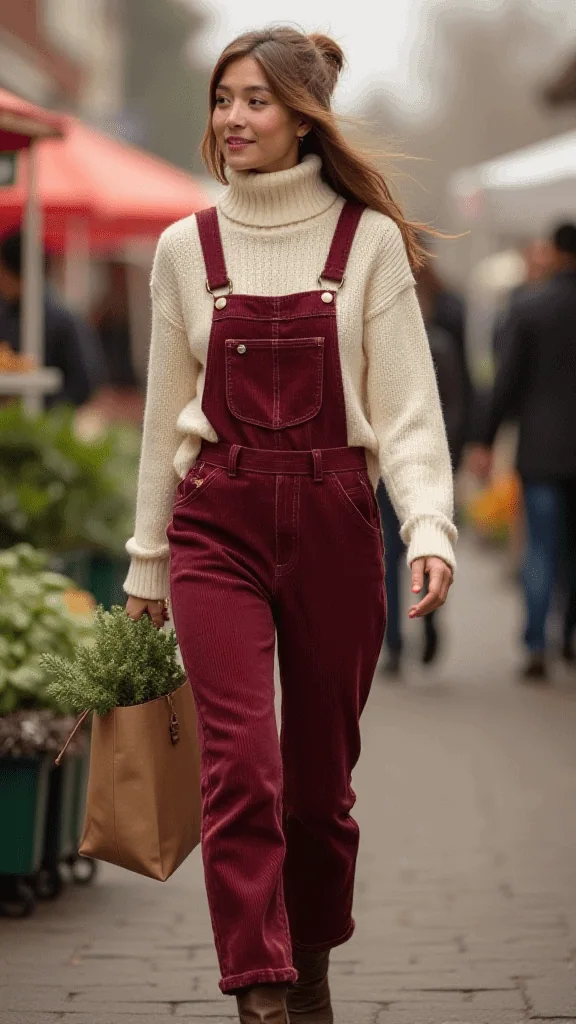 Corduroy Overalls and Turtleneck Sweater
