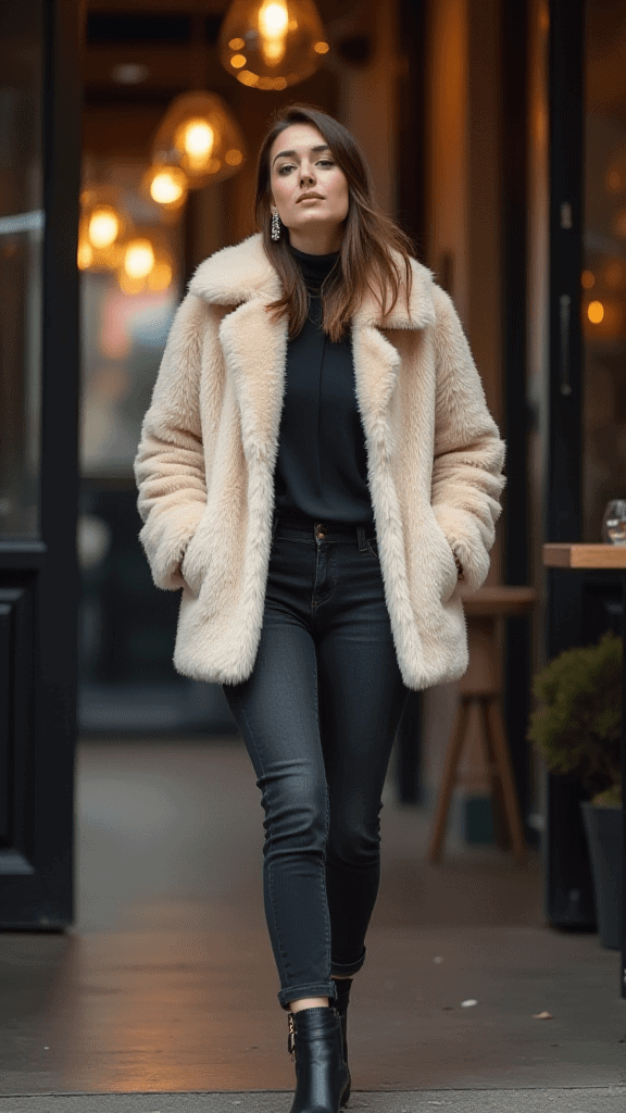 Faux Fur Coat and Slim-Fit Jeans
