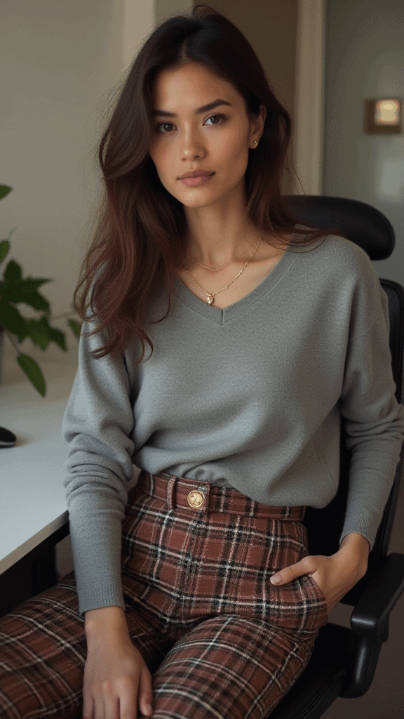 Plaid Pants and Cashmere Sweater
