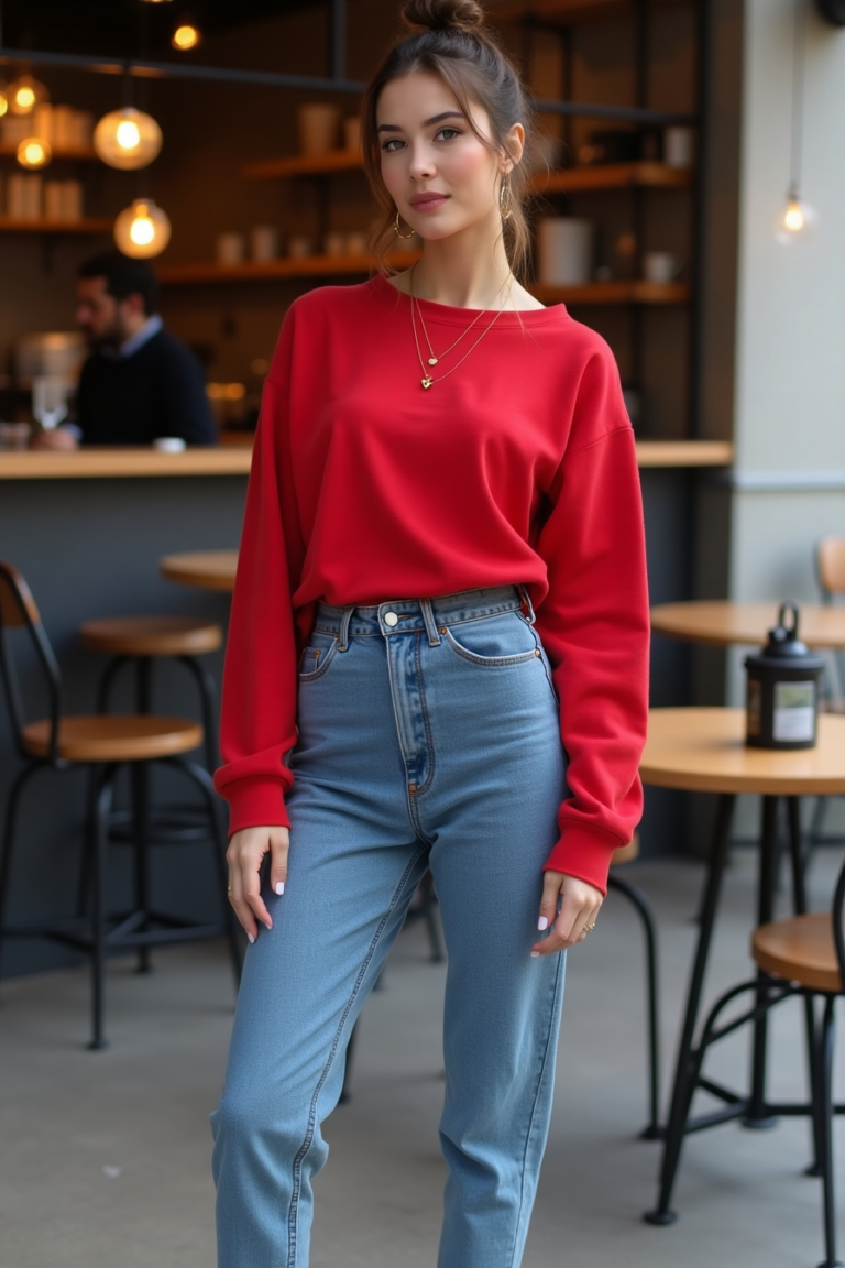 Red Sweatshirt Outfit Ideas for Valentines Day