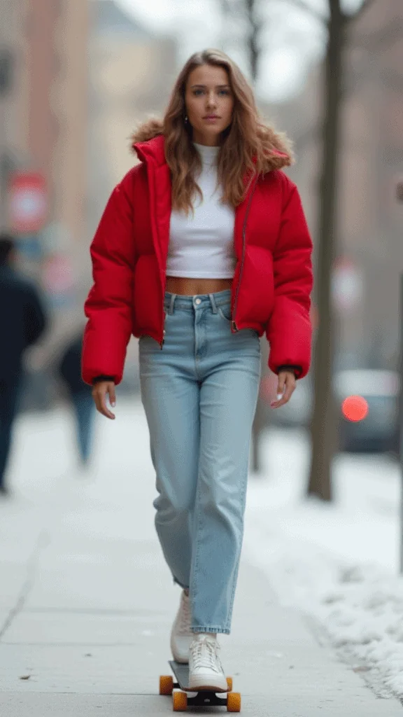 Cropped Puffer Jacket and Mom Jeans
