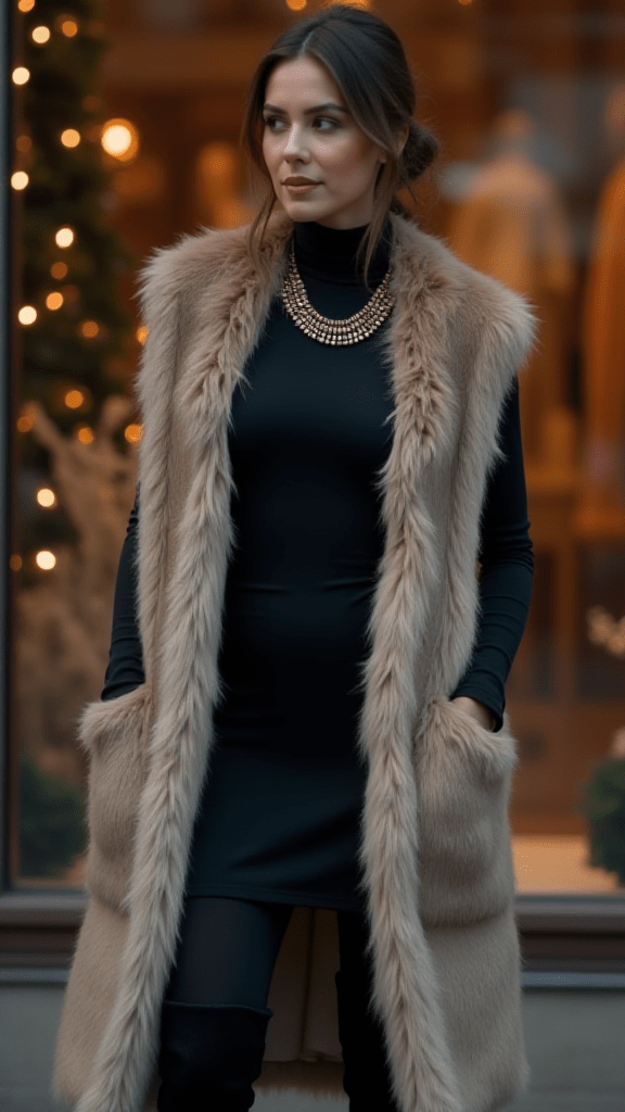 Faux Fur Vest and Turtleneck Dress
