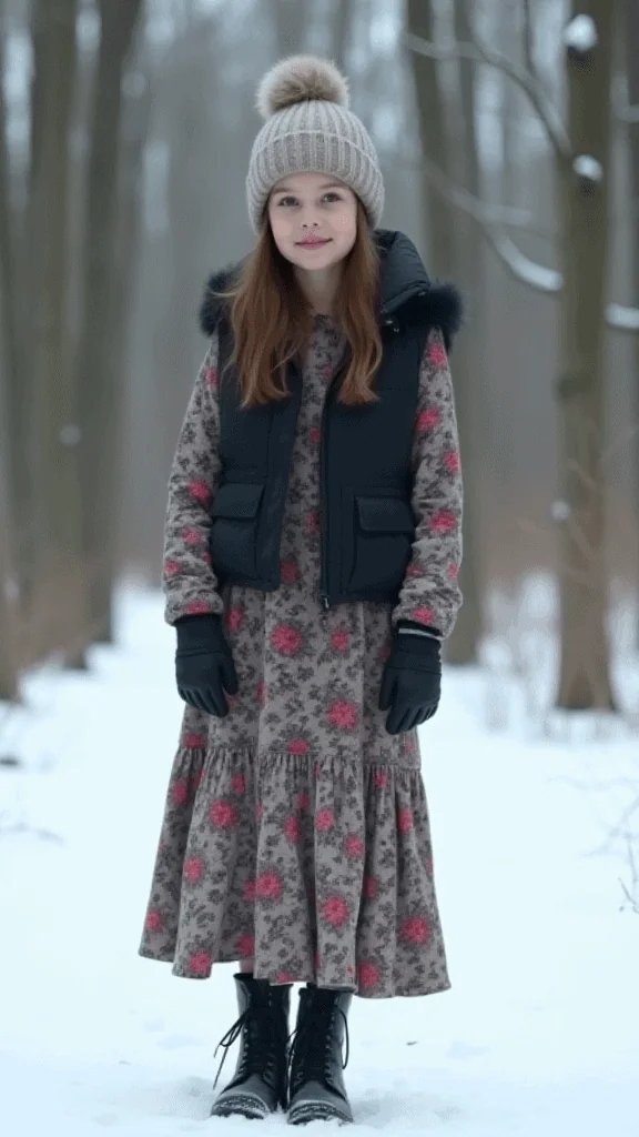 Cropped Puffer Vest and Maxi Dress
