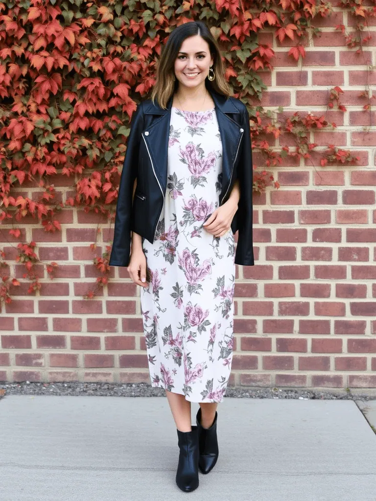 Leather Jacket and Floral Dress
