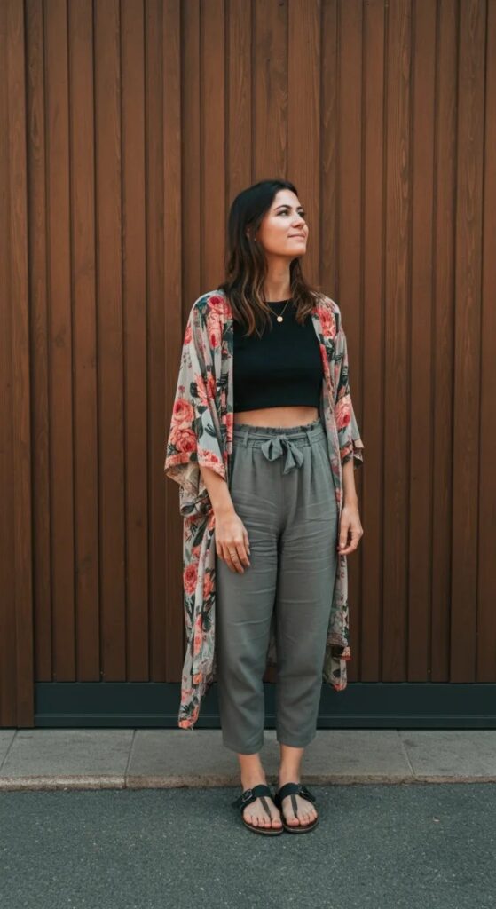 Printed Kimono and Monochrome Base
