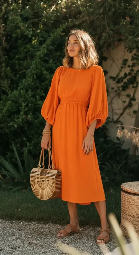 Statement Sleeve Dress with Raffia Accessories
