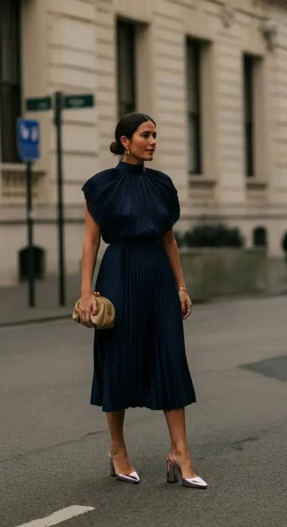 Pleated Midi Dress with Architectural Details