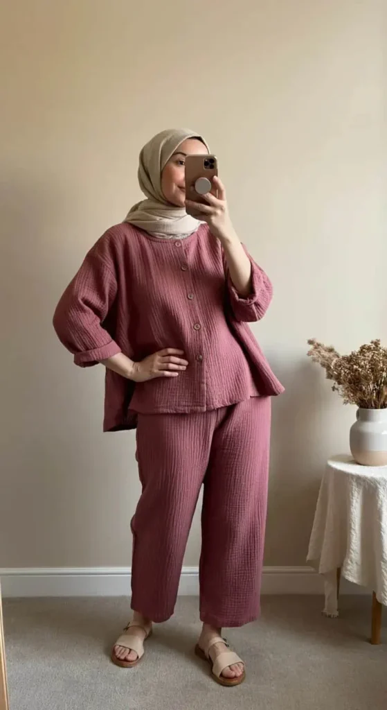 Cotton Gauze Set with Minimal Sandals
