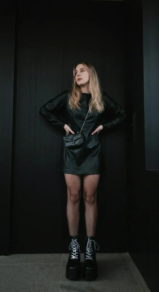 Leather Mini Dress with Fishnet Tights