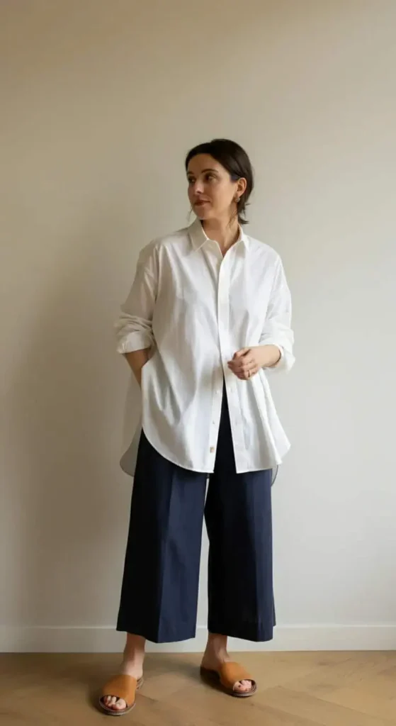 Loose Cotton Shirt with Wide-Leg Crops