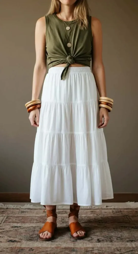 Tiered Maxi Skirt with Knotted Tank
