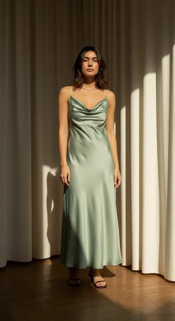 Sage Green Slip Dress with Cowl Neck
