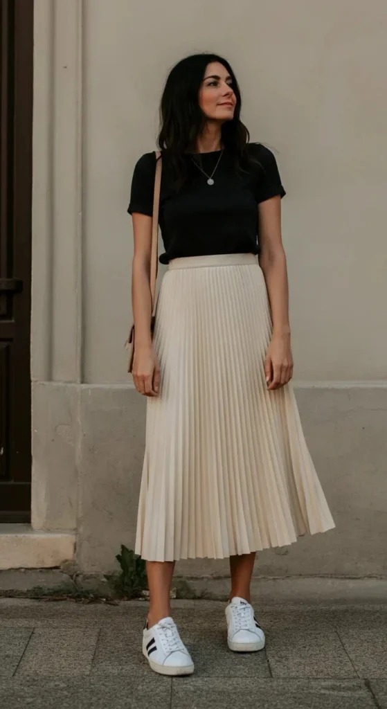 Pleated Midi Skirt and Fitted T-shirt