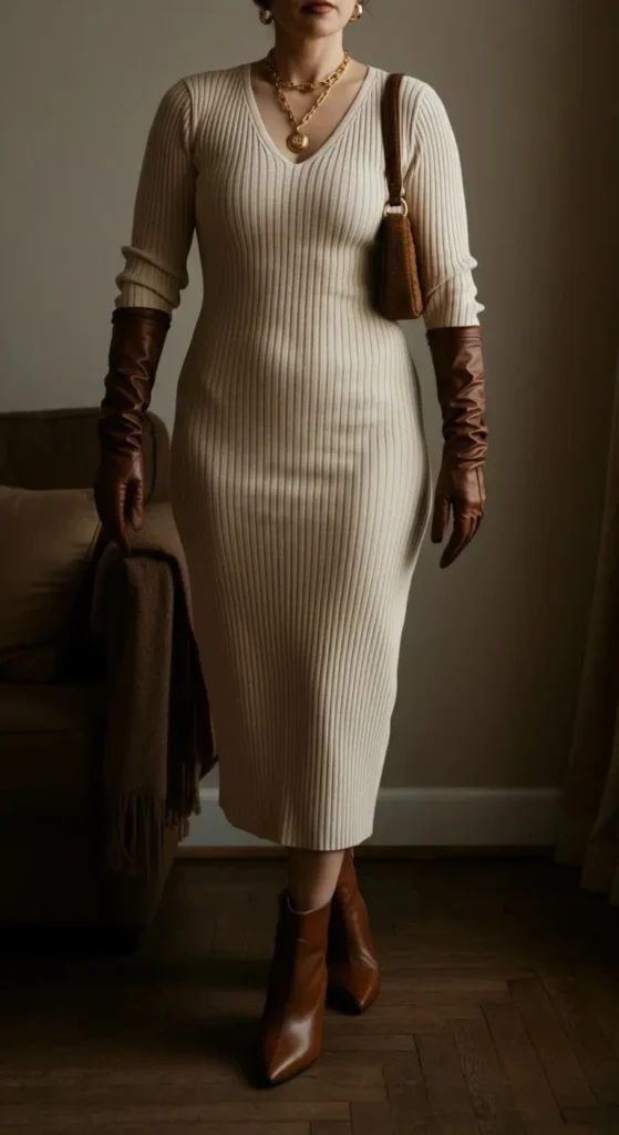 Knit Dress with Leather Opera Gloves
