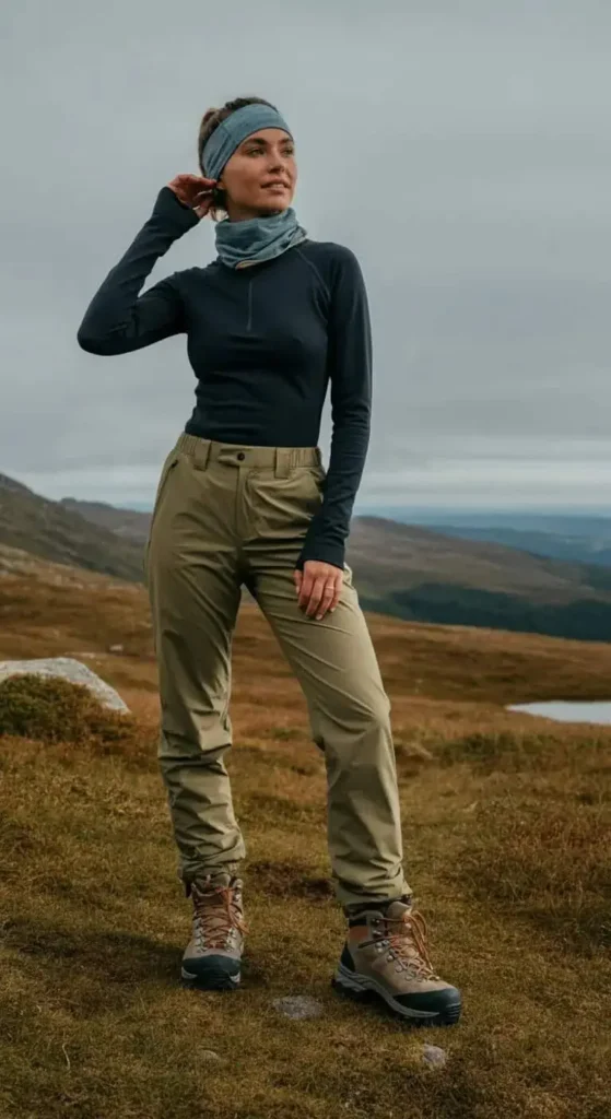Zip-Front Bodysuit and Hiking Pants
