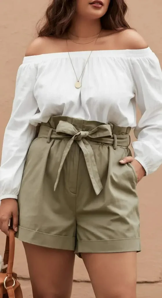 Paper Bag Shorts with Off-Shoulder Top