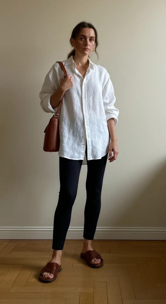 Oversized Linen Button-Down with Black Leggings
