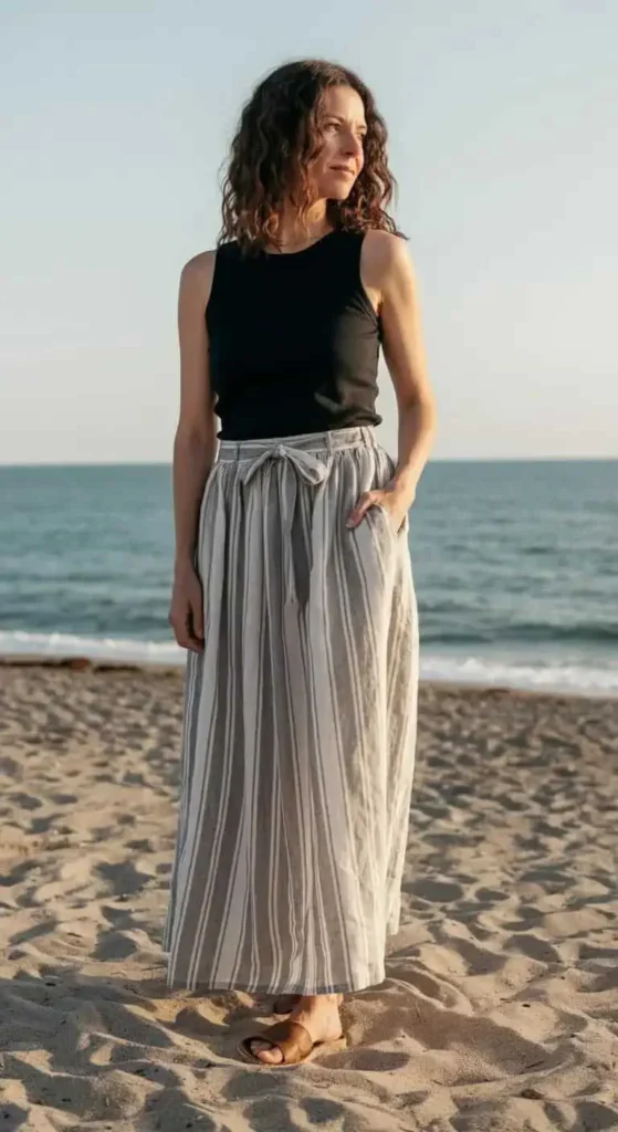 Striped Linen Skirt with Basic Tank
