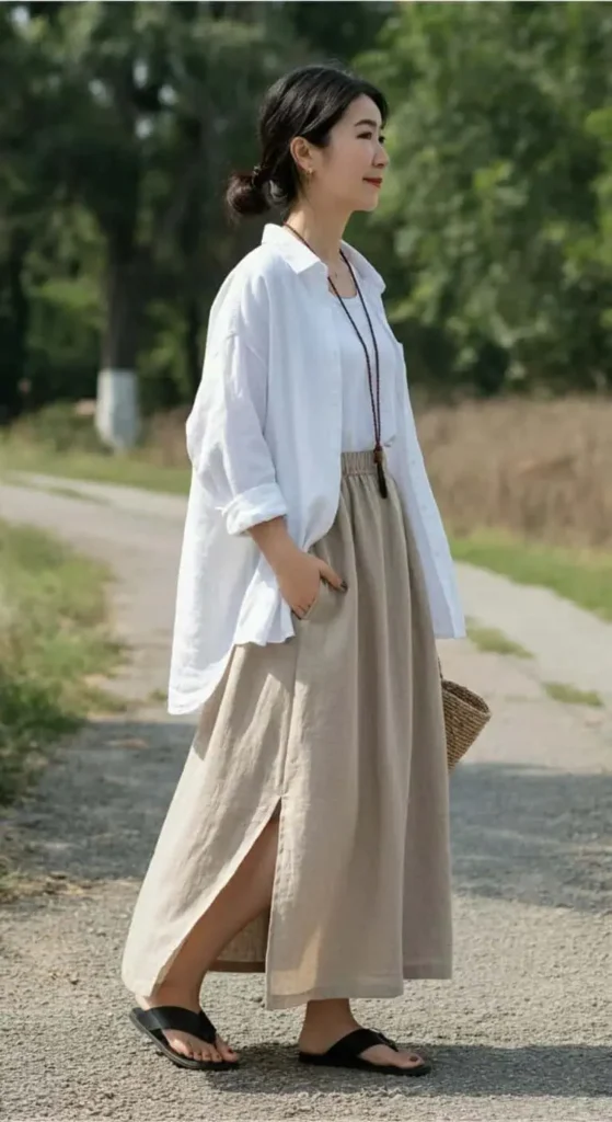 Split-Front Linen Skirt with Oversized Button-Down
