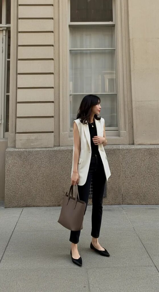 Sleeveless Blazer and Slim-Fit Jeans
