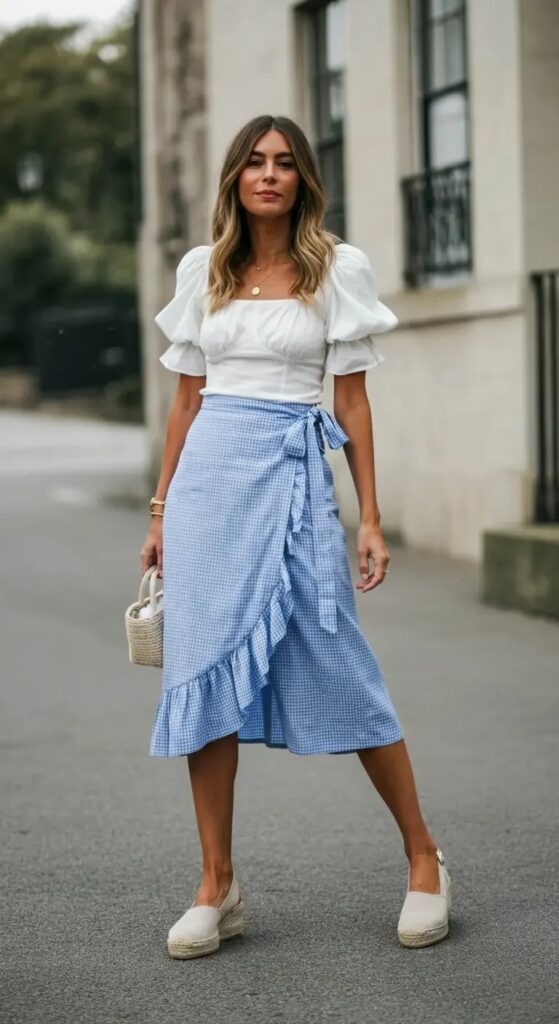 Gingham Wrap Skirt Ensemble
