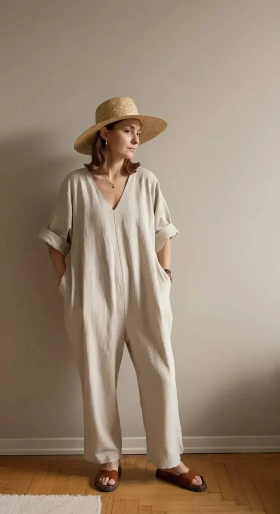 Loose Linen Jumpsuit with Straw Hat
