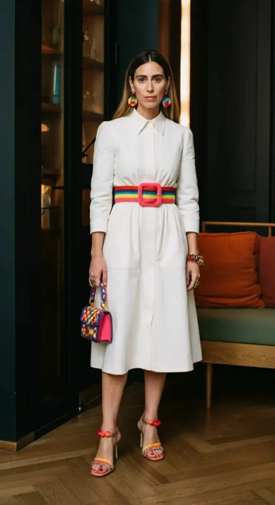 Structured White Dress with Colorful Accessories
