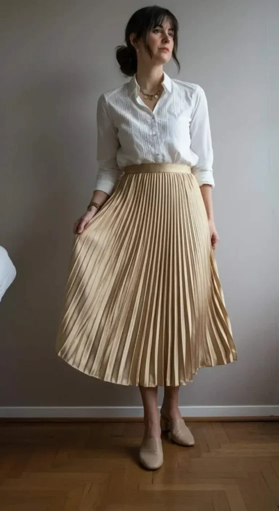 Pleated Skirt and Cotton Blouse