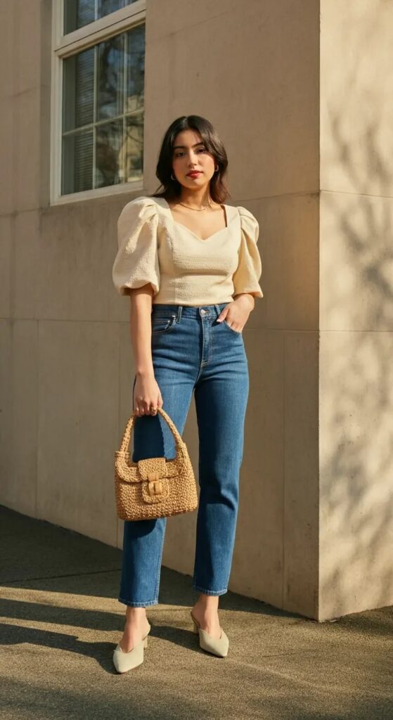 Puff Sleeve Blouse and Ankle-Length Jeans
