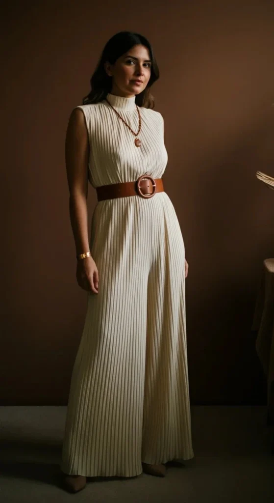 Pleated Palazzo Jumpsuit with Statement Belt
