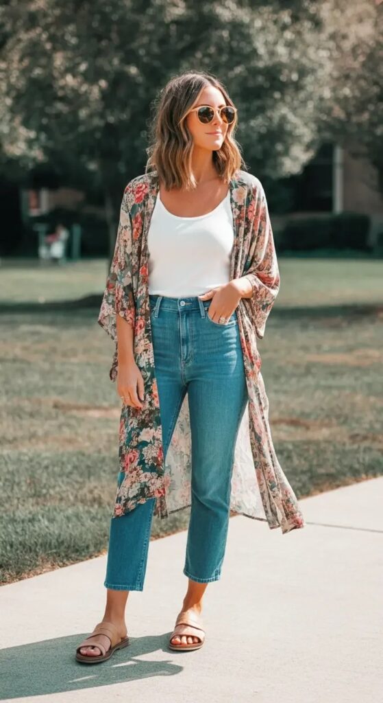 Printed Kimono and Cropped Jeans
