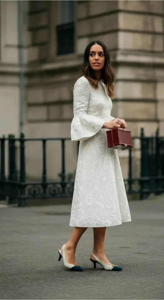 Embroidered Dress and Kitten Heels
