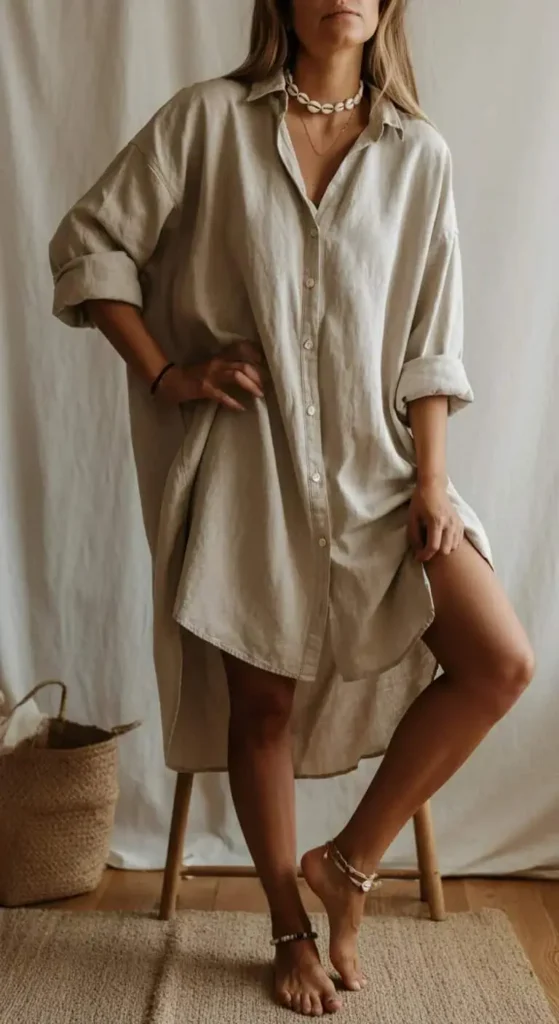 Linen Shirt Dress with Shell Accessories
