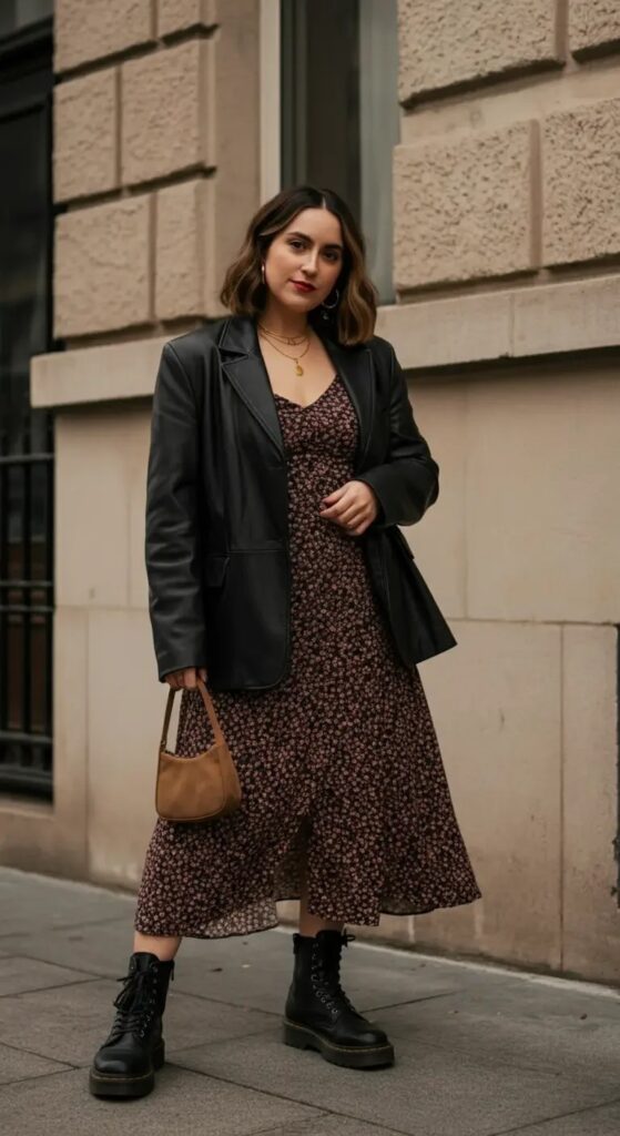 Printed Midi Dress with Leather Blazer