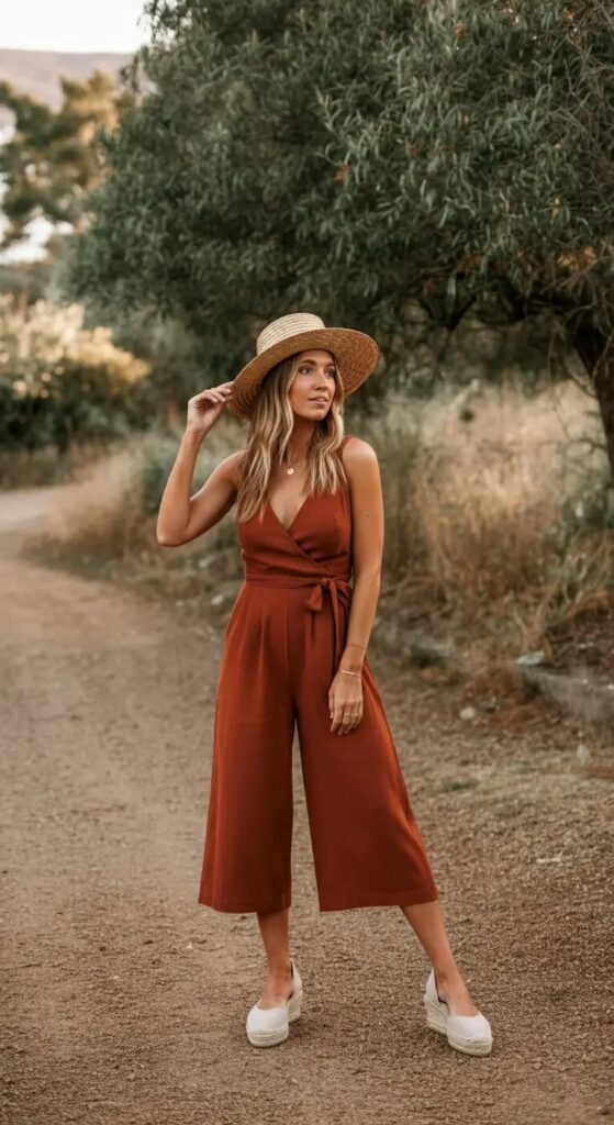 Wrap Culotte Jumpsuit with Straw Accessories
