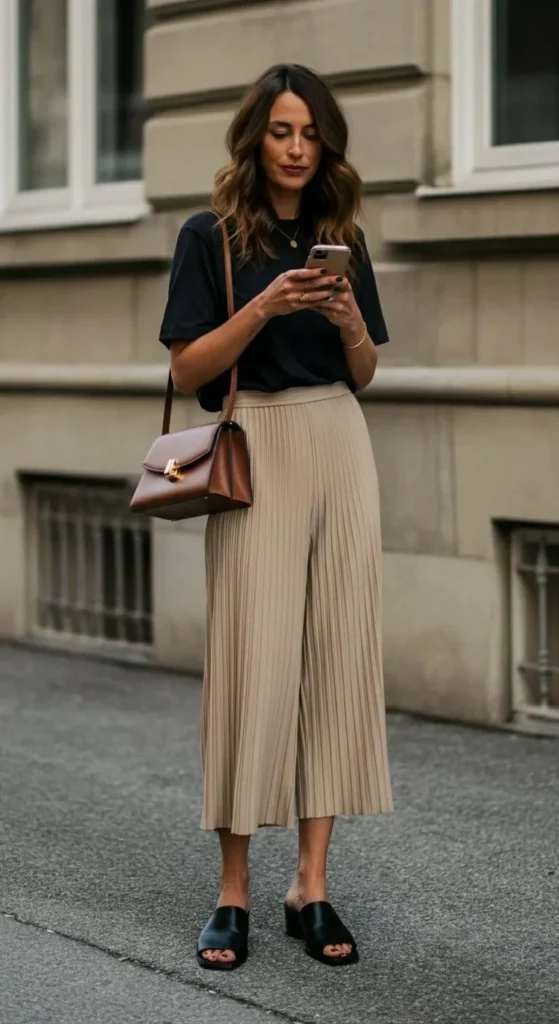 Pleated Culottes and Fitted T-Shirt
