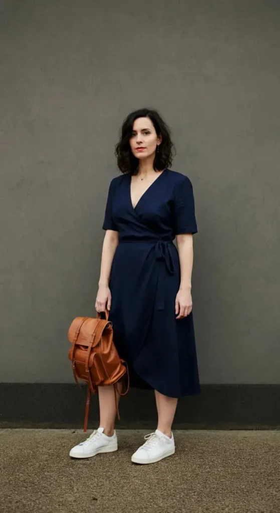 Wrap Dress with Leather Sneakers
