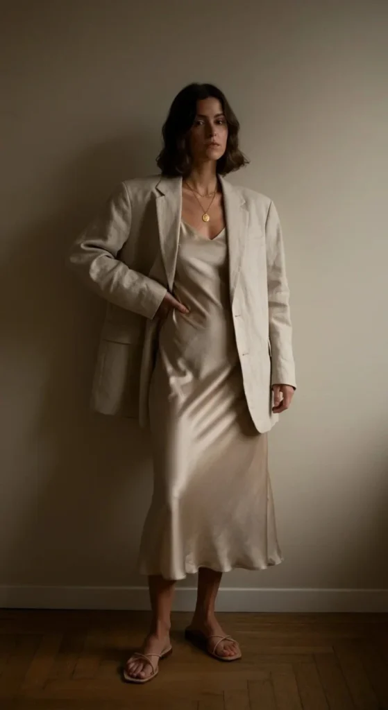 Oversized Linen Blazer with Silk Slip Dress