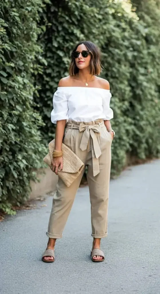 Off-The-Shoulder Top and Paper Bag Pants
